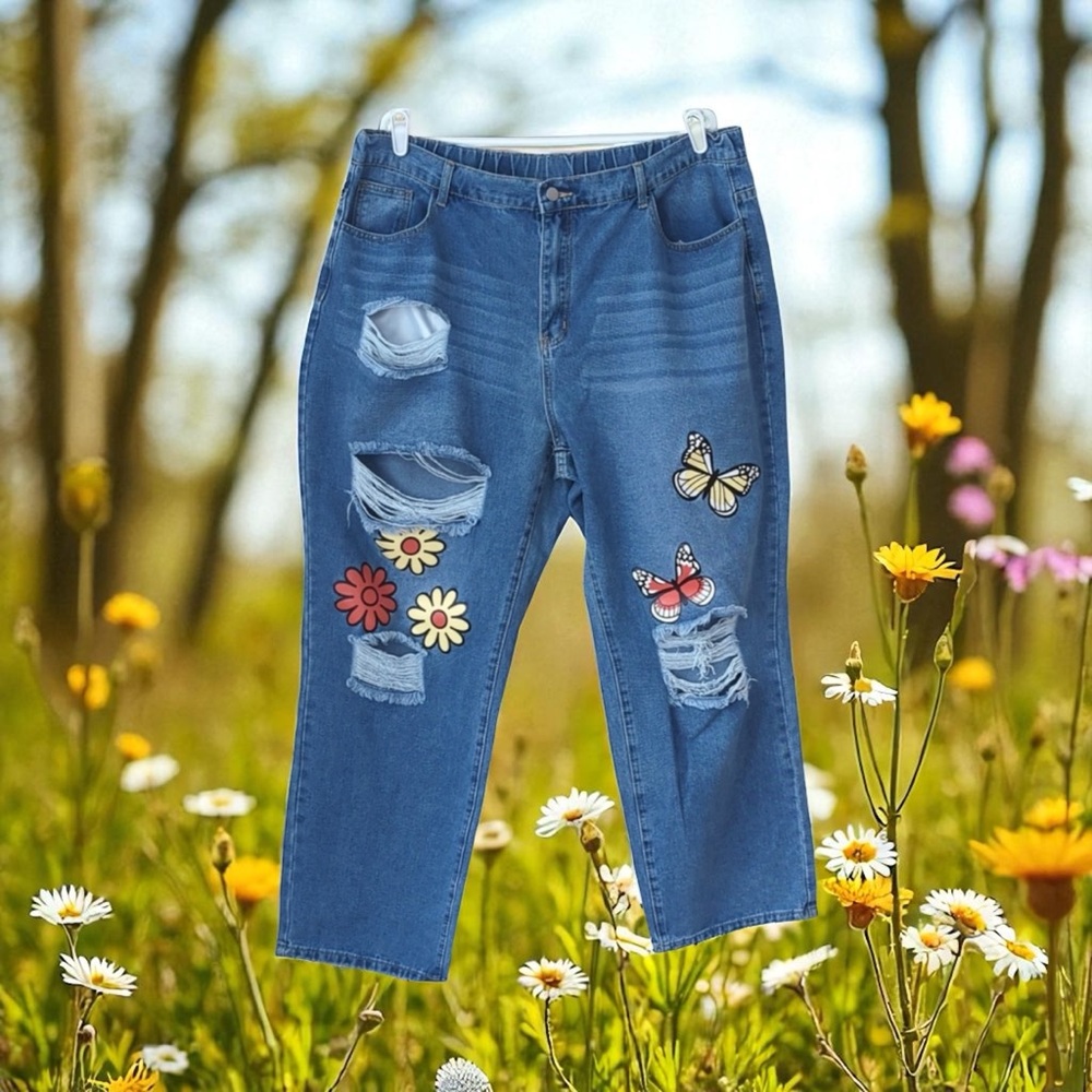 Shein Curve Floral Distressed High Waisted Retro Mom Jeans PLUS 0XL‎ Blue